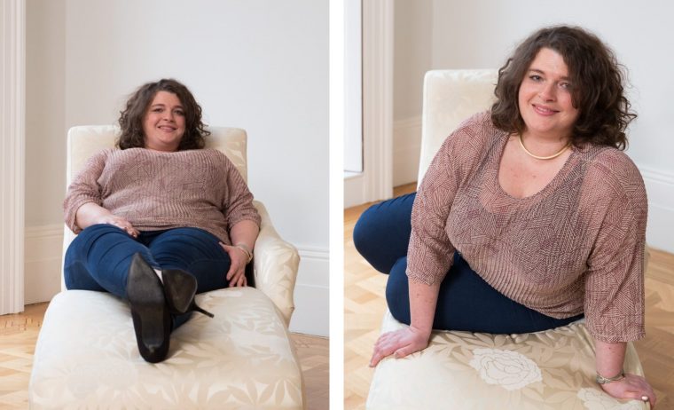 A pair of photos of a plus size woman posing on a settee. In the first photo, she poses with her feet and lower body closest to the camera. In the second, more flattering photo, she poses with her upper body and head closest to the camera.